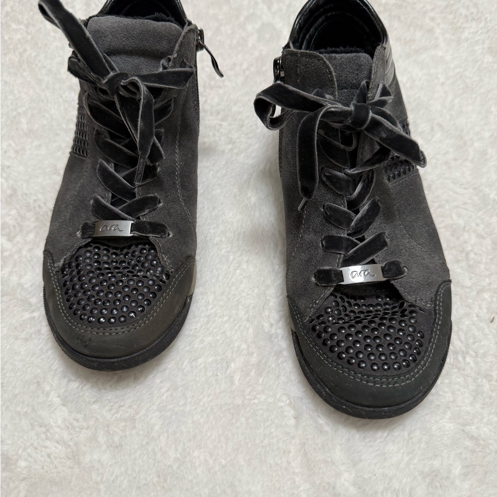 Ara Gray Suede High Top Sneakers Studded Hidden Wedge Shoes US 7.5 Velvet Laces